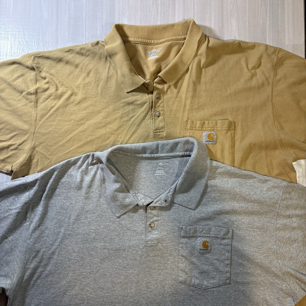 Lot of 2 Carhartt Pocket Polo Shirt Mens Size 2XL Lightweight Cotton Gray/Kakhi